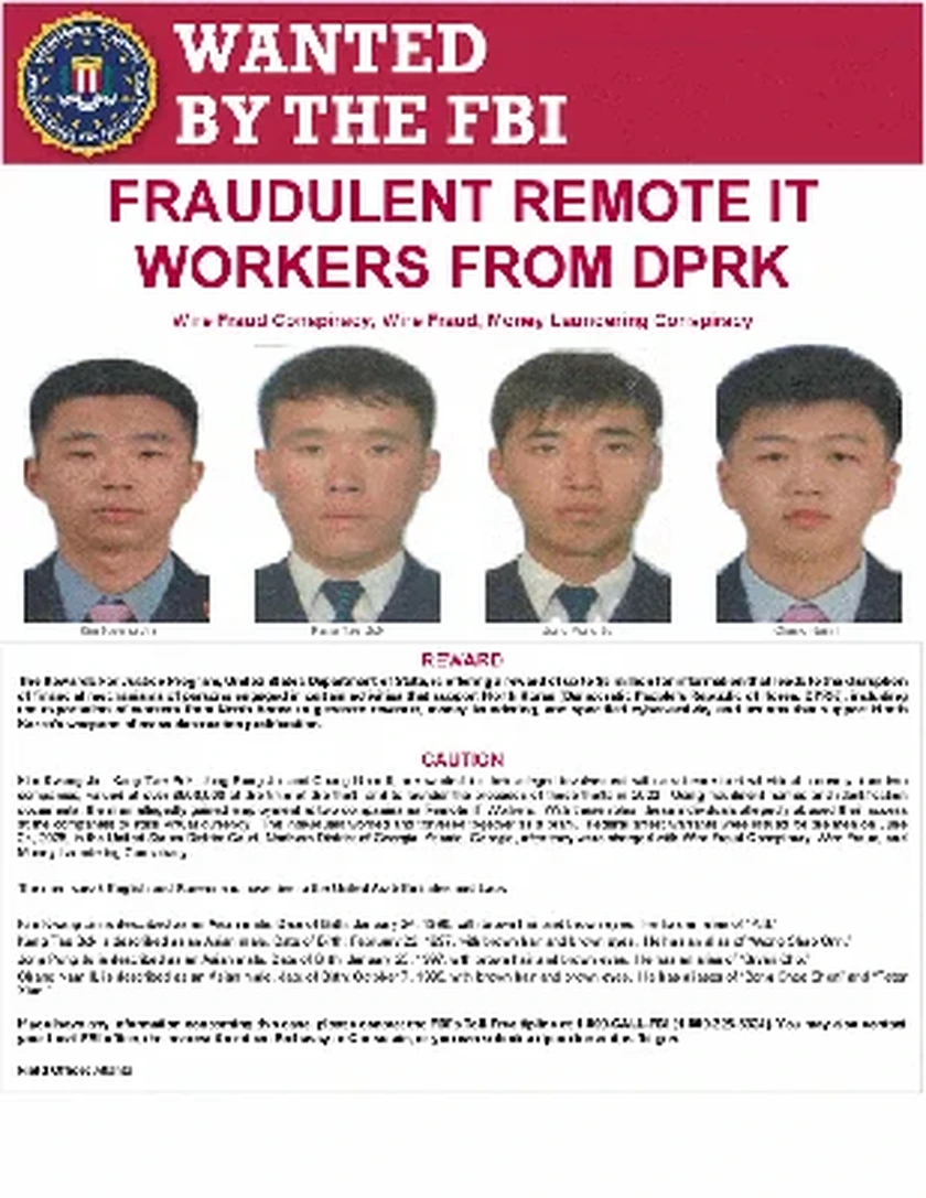 FBI wanted poster: Fraudulent Remote IT Workers from DPRK