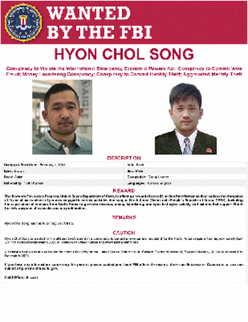 FBI wanted poster: Hyon Chol Song