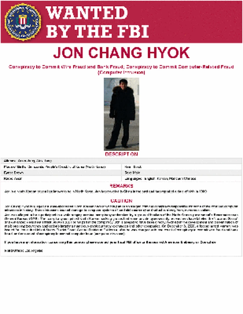 FBI wanted poster: Jon Chang Hyok
