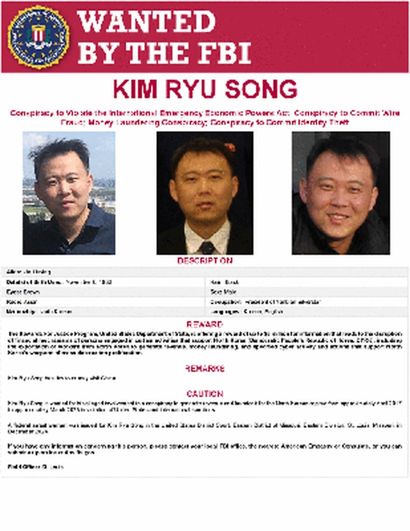 FBI wanted poster: Kim Ryu Song