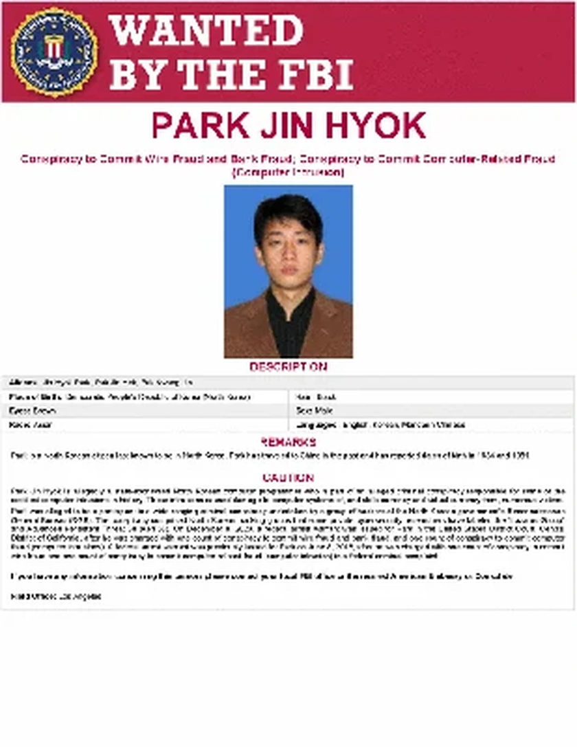 FBI wanted poster: Park Jin Hyok