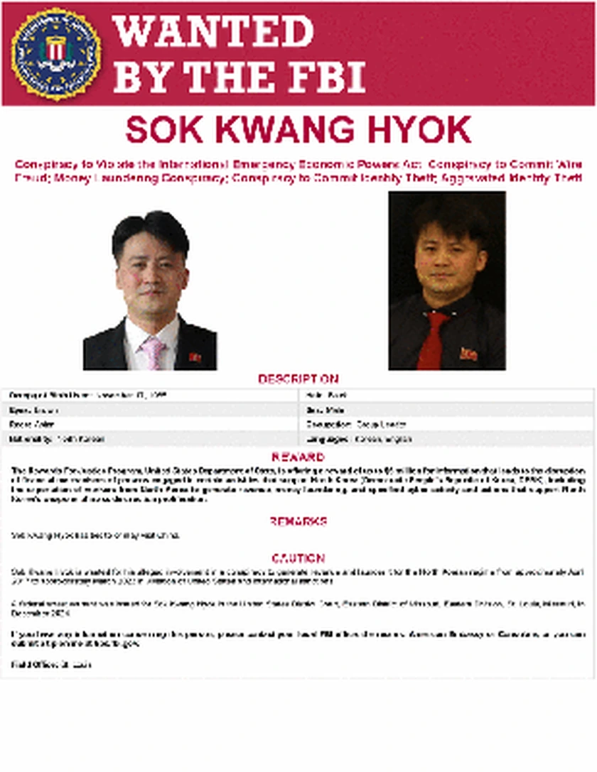 FBI wanted poster: Sok Kwang Hyok